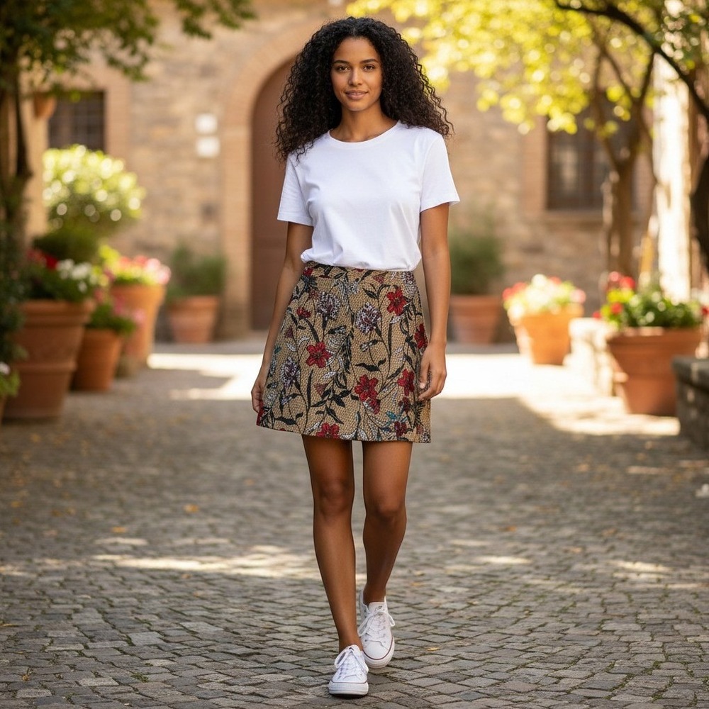 Zara Basic Floral Mini Skirt Tan Red Black Geometric‎ Tapestry Made in Spain M